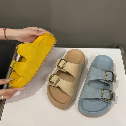 Solid Color Rubber Mid Heel(3-5cm)Platform Sole Suede Slippers