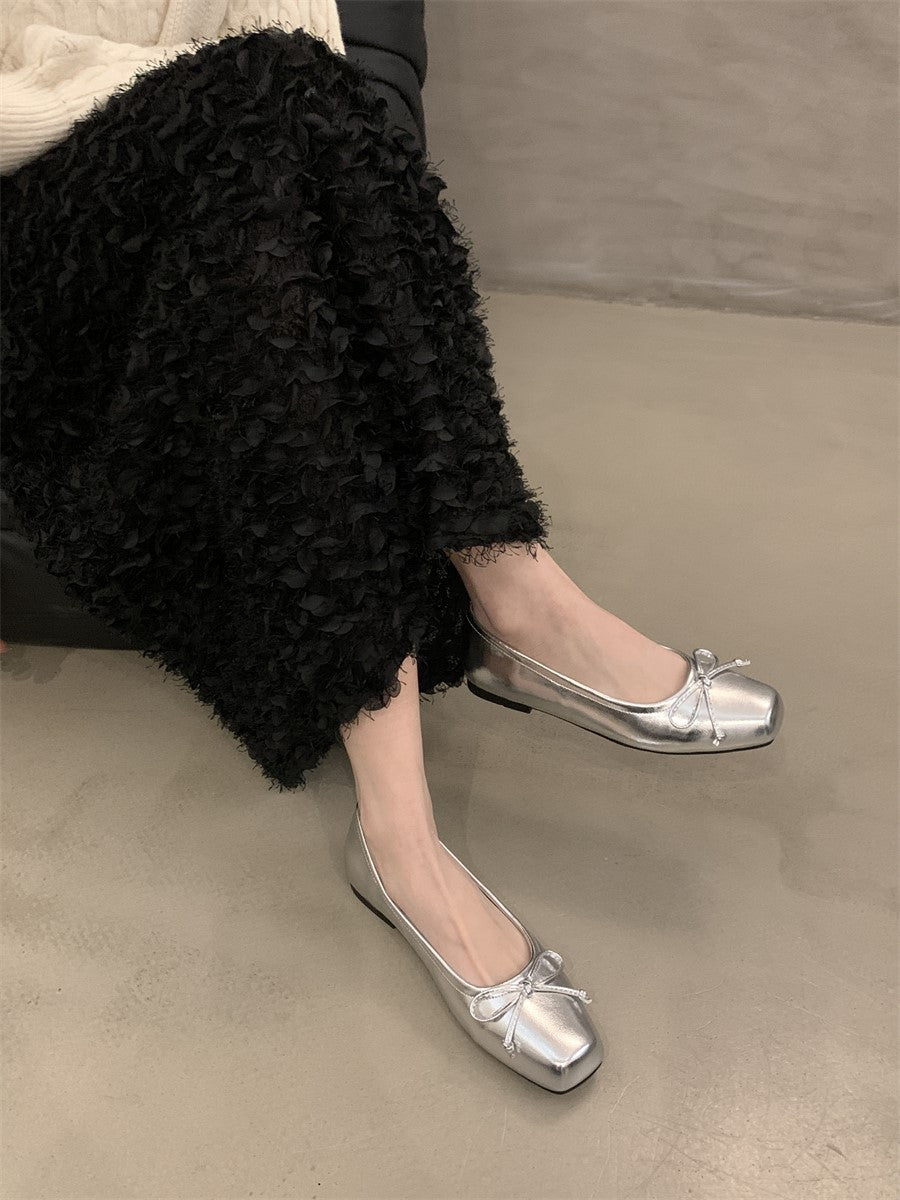 silver Flats Shallow Mouth Bowknot2024Spring New French Style Gentle Evening Breeze Flat Shoes for Women