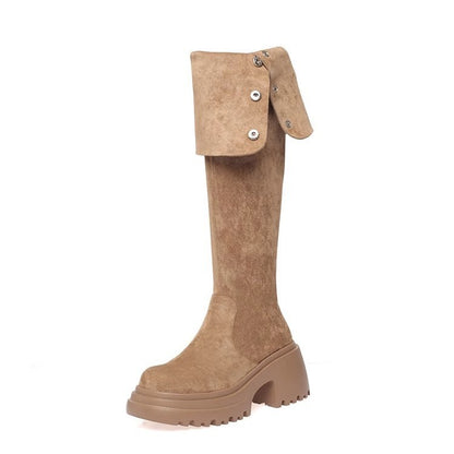 2025New Retro Small Western Boots for Women, Autumn and Winter Fleece-Lined Over-the-Knee Long Boots, Brown Long Boots, Riding Boots