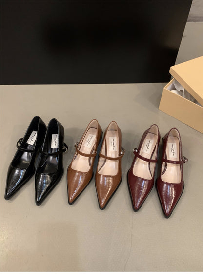 French style mid-high heel black pointed toe women's shoes2024New Spring Autumn Winter Mary Jane Evening Shoes