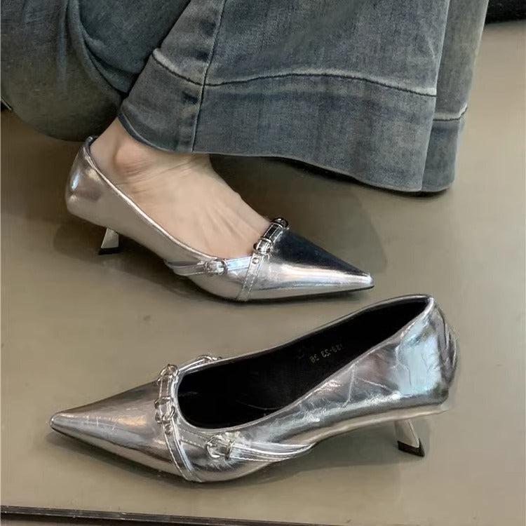 French-style Niche High Heels Women's Shoes2024New style elegant black pointed toe shallow mouth commuter shoes