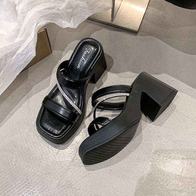 Solid Color Rubber Chunky Heel PU High Heel Slippers