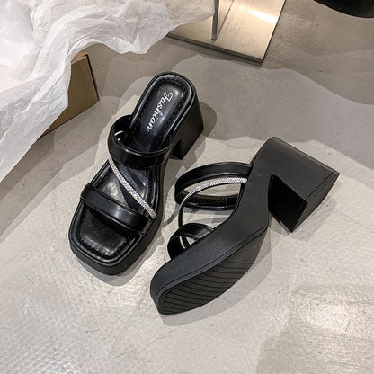 Solid Color Rubber Chunky Heel PU High Heel Slippers