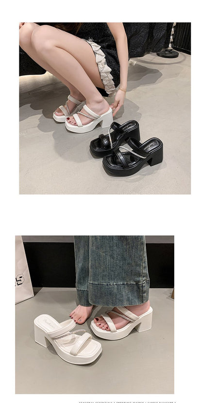 Solid Color Rubber Chunky Heel PU High Heel Slippers