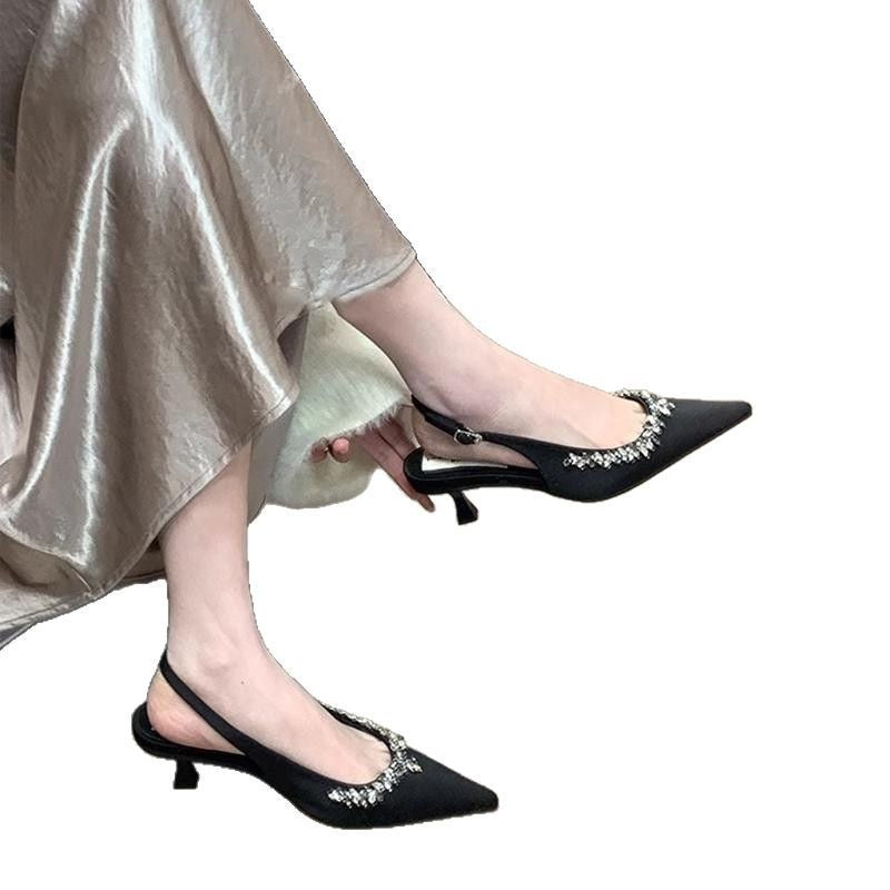 Women's Sandals2025Spring New Women's Shoes Backless Rhinestone Closed-Toe High Heels Pointed Toe Stiletto Bridesmaid Wedding Shoes