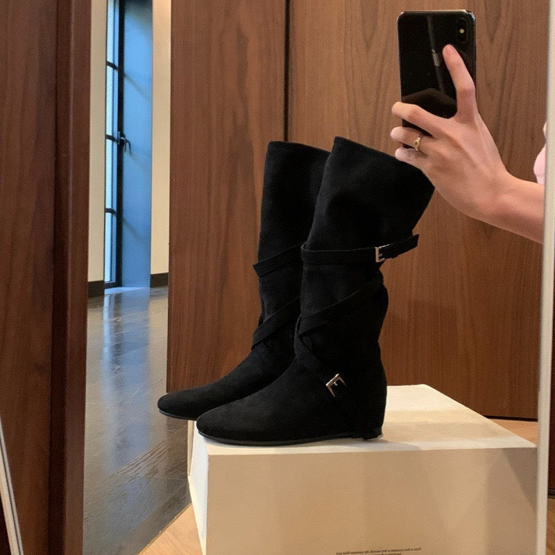 2025New Retro Matte Height-Increasing6cm~Korean Style Round Toe Buckle Strap Soft Wrinkled Slimming High Boots for Women Autumn