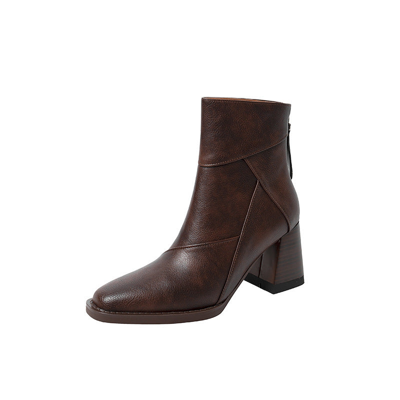 Women's Chunky Heel Ankle Boots2024New High Heel Winter Brown Slim Boots British Style Retro Martin Boots