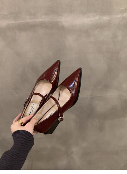 French style mid-high heel black pointed toe women's shoes2024New Spring Autumn Winter Mary Jane Evening Shoes