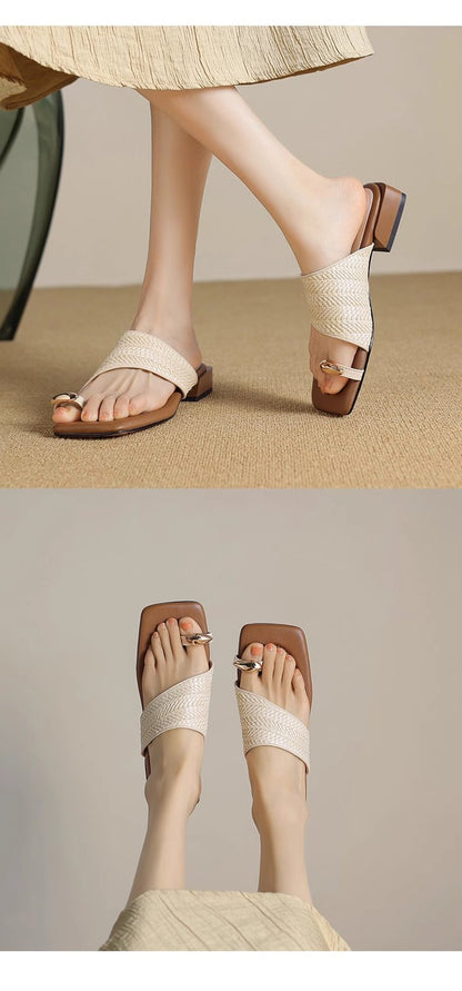 Thick Heel Vacation Style Straw Weave Toe Clip Sandals for Women Summer Outdoor Wear2024New French Style Sandals