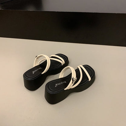 Solid Color Platform Sole Slippers PU Rubber mid-heel(3-5cm)