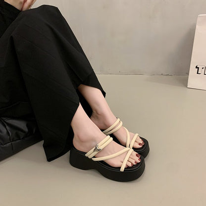Solid Color Platform Sole Slippers PU Rubber mid-heel(3-5cm)