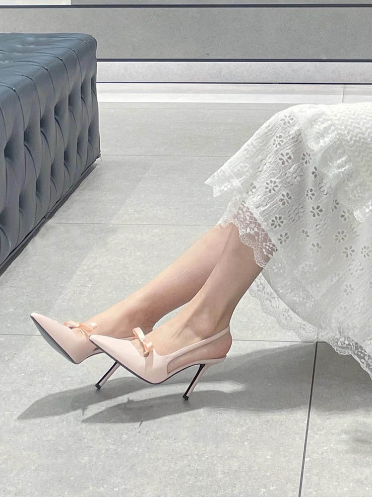 2025New French Style Pointed Toe Bow High Heels Women's Stiletto Sandals Elegant Versatile Shallow Mouth Shoes