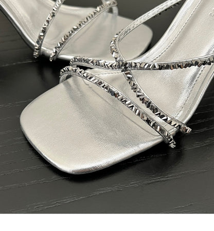 Cool and sophisticated！silver Rhinestone Sandals for Women2025Summer new fashion sexy mules high heel sandals