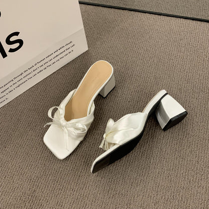 French-style High-end Satin Bow Thick Heel Sandals for Women2023New summer open-toe high heels