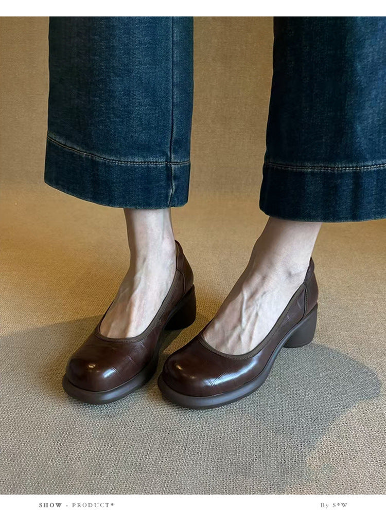 Vintage Shallow Mouth Single Shoes for Women, Round Toe, Chunky Heel, Slip-On Mary Jane Shoes, British Style Small Leather Shoes