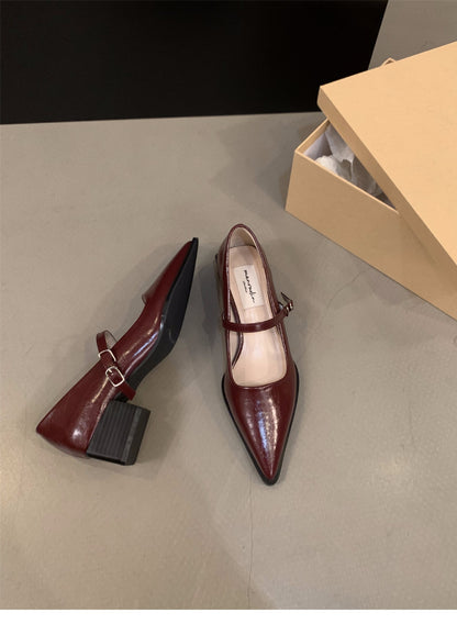 French style mid-high heel black pointed toe women's shoes2024New Spring Autumn Winter Mary Jane Evening Shoes