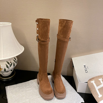 2025New Retro Small Western Boots for Women, Autumn and Winter Fleece-Lined Over-the-Knee Long Boots, Brown Long Boots, Riding Boots