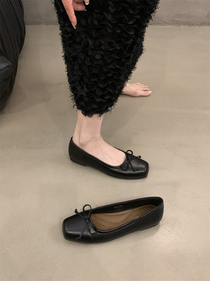 silver Flats Shallow Mouth Bowknot2024Spring New French Style Gentle Evening Breeze Flat Shoes for Women
