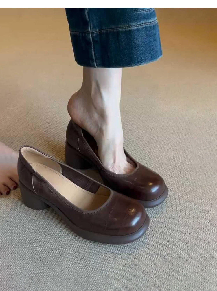 Vintage Shallow Mouth Single Shoes for Women, Round Toe, Chunky Heel, Slip-On Mary Jane Shoes, British Style Small Leather Shoes