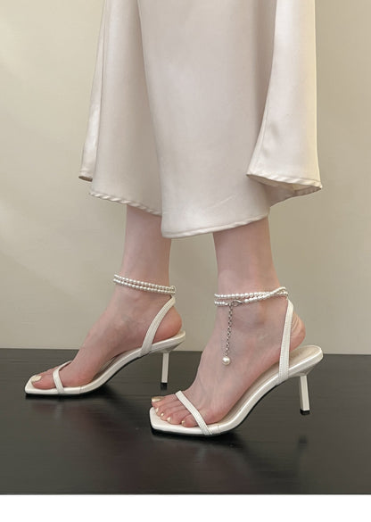 Mermaid Pearl Versatile Elegant One-Strap Sandals for Women2025New Year's Pearl Stiletto High Heels