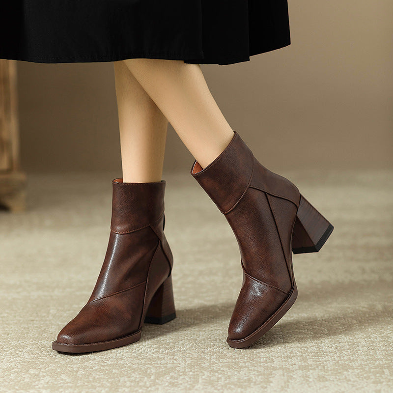Women's Chunky Heel Ankle Boots2024New High Heel Winter Brown Slim Boots British Style Retro Martin Boots