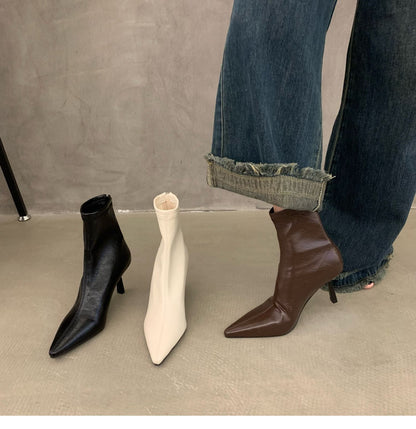 Thin Heel High Heel Spring and Autumn Single Boots Pointed Toe Short Boots Women's Shoes2023New Year's New White Korean Style Slim Nude Boots