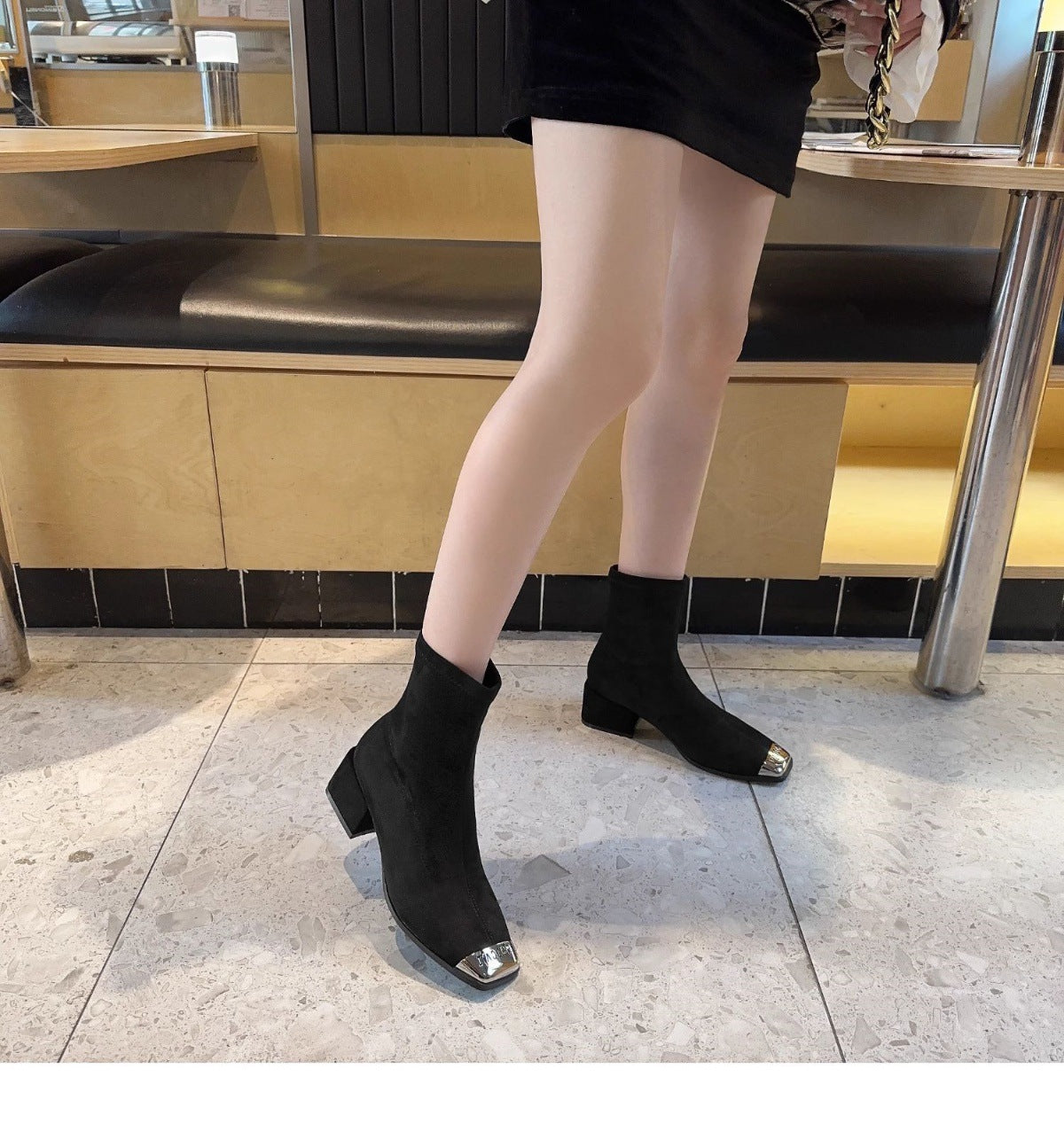 Women's Suede Ankle Boots2024Autumn New Fashionable Chunky Heel Metal Square Toe Mid-Heel Stretch Slim Sock Boots