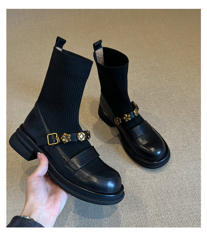 Thick-Soled Metal Buckle Elastic Short Boots Retro College Style Knitted Slim Boots Women Versatile Loafers Sock Boots