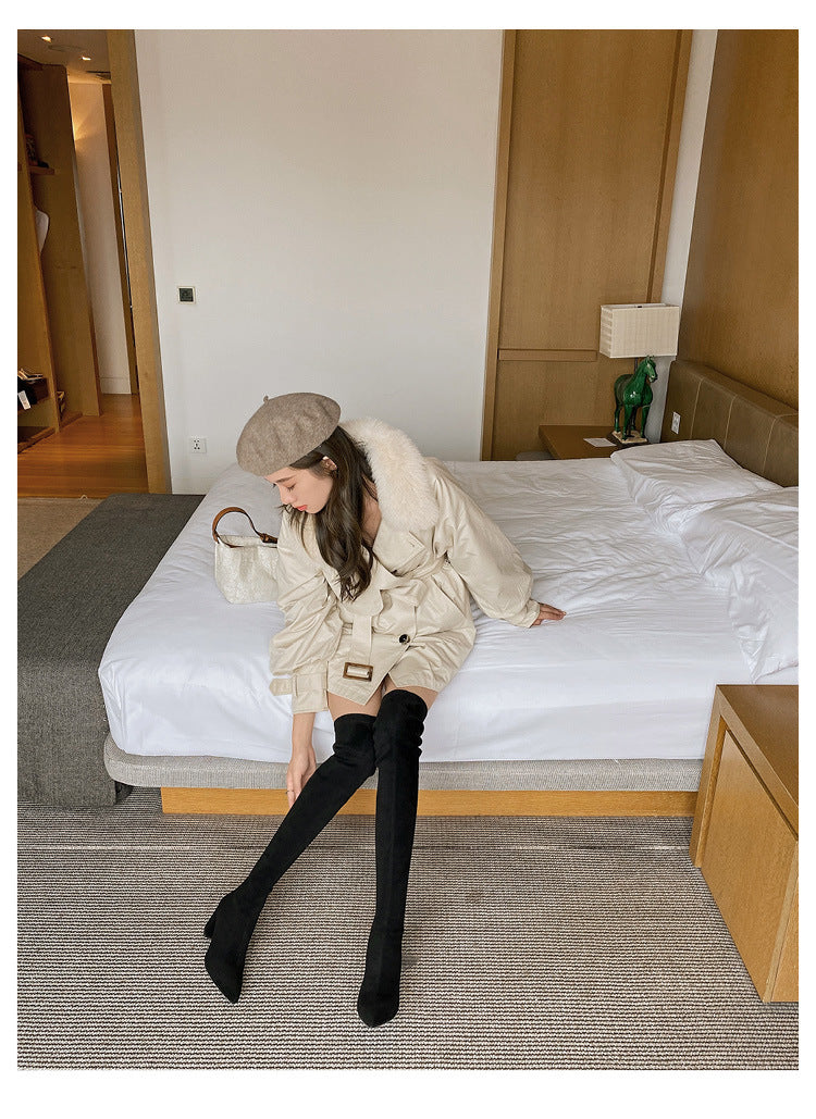 Long Boots for Women, Stretch Long Boots, Pointed Toe High Heel Boots, Over-the-Knee Boots, Suede High Boots, Khaki Color