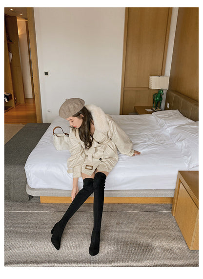 Long Boots for Women, Stretch Long Boots, Pointed Toe High Heel Boots, Over-the-Knee Boots, Suede High Boots, Khaki Color