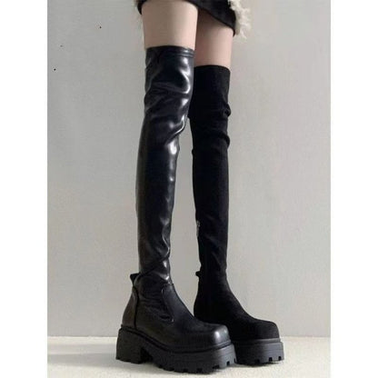 Over-the-Knee Long Boots for Women, French Style High Boots, Leg-Wrapping Elastic Slim Boots, Thick-Soled Leather Boots, Riding Boots