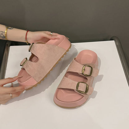 Solid Color Rubber Mid Heel(3-5cm)Platform Sole Suede Slippers