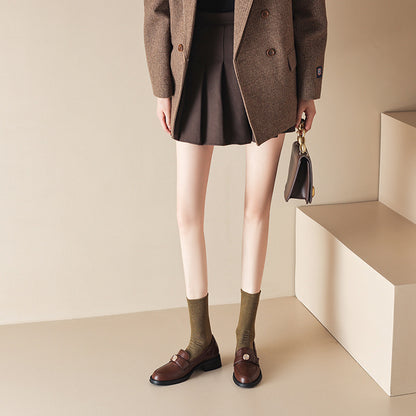 Left Bank Paris～！Chunky Heel British Style Gold Buckle Loafers for Women, Patent Leather Black Single Shoes