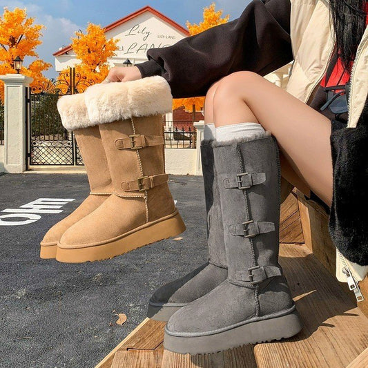 Boots Knight Boots Cow Suede（Matte Leather）Rubber High Tube Sleeve Artificial Short Plush