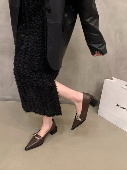French Style Mary Jane Leather Shoes for Women2024New Spring Autumn Winter Black Pointed High Heels Single Shoes