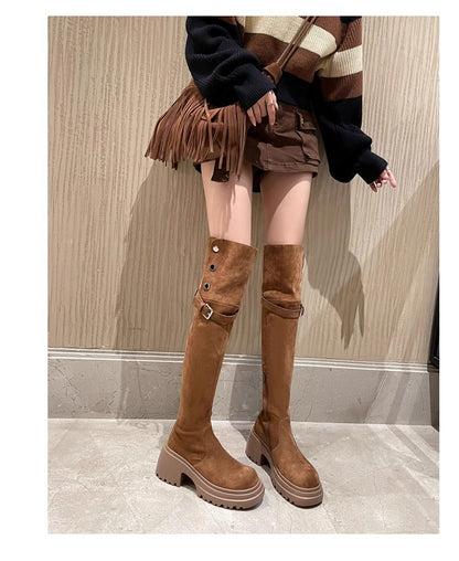 2025New Retro Small Western Boots for Women, Autumn and Winter Fleece-Lined Over-the-Knee Long Boots, Brown Long Boots, Riding Boots
