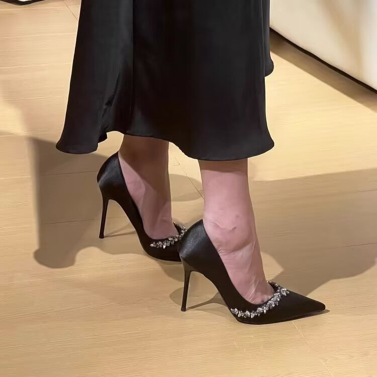 Purple high heels for women with thin heels and pointed toes, decorated with rhinestones V Elegant Socialite Style French Single Shoes2024Winter New