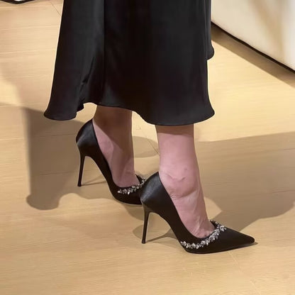Purple high heels for women with thin heels and pointed toes, decorated with rhinestones V Elegant Socialite Style French Single Shoes2024Winter New