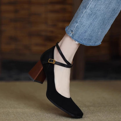 Women's retro square toe high heels2023Autumn and Winter New Suede Leather Patchwork Chunky Heel Cross Buckle Mary Jane Shoes