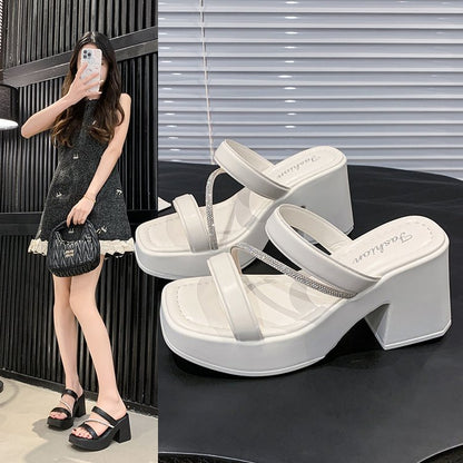 Solid Color Rubber Chunky Heel PU High Heel Slippers