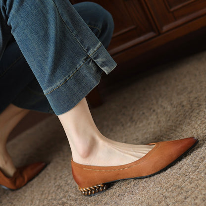 French Retro Color-Washed Pointed Toe Shallow Mouth Women's Shoes2023Spring new style comfortable soft leather thick heel low heel shoes