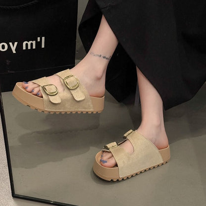 Solid Color Rubber Mid Heel(3-5cm)Platform Sole Suede Slippers