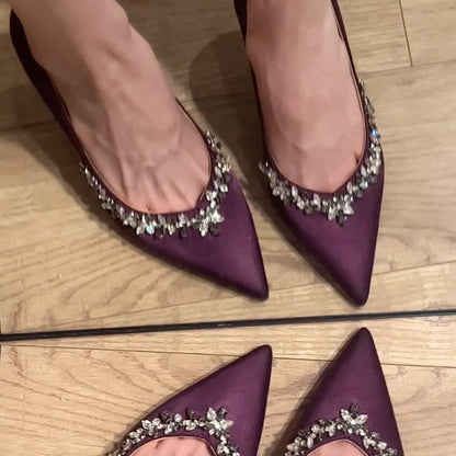 New Purple Stunning Rhinestone High Heels for Women Pointed Satin Sexy Stiletto Comfortable Single Shoes