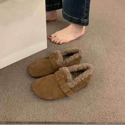 Japanese Mori Girl Style Retro Soft Leather Birkenstock Shoes for Women with Fleece Lining2024Autumn and Winter New Style Height-Increasing Warm Cotton Loafers