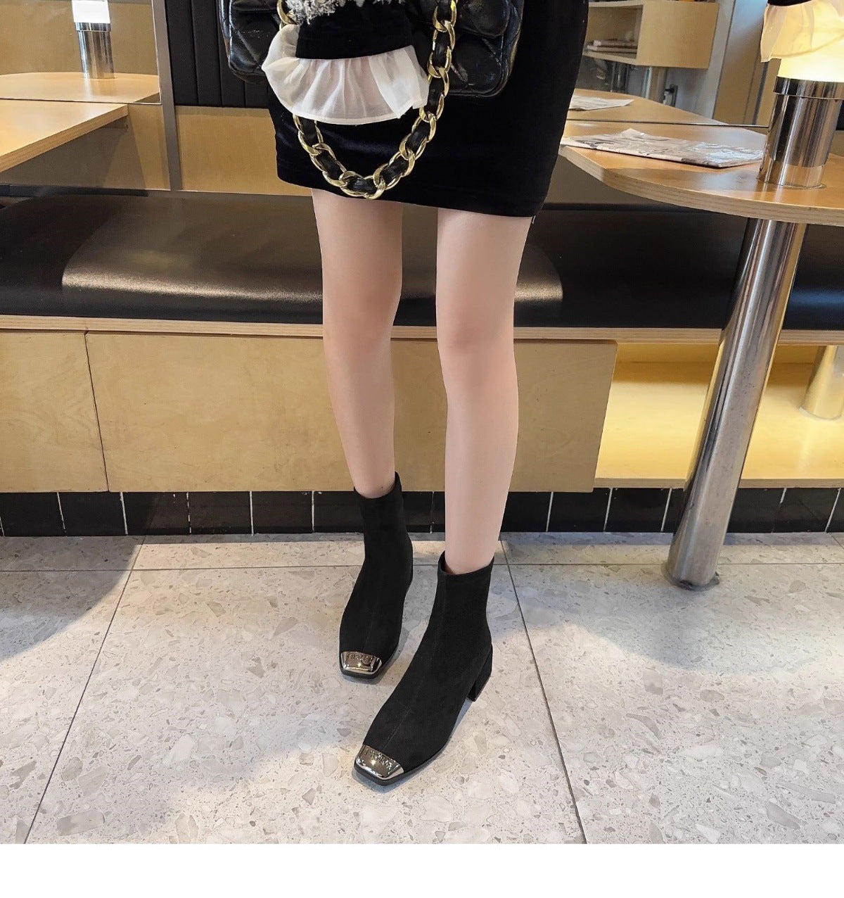 Women's Suede Ankle Boots2024Autumn New Fashionable Chunky Heel Metal Square Toe Mid-Heel Stretch Slim Sock Boots