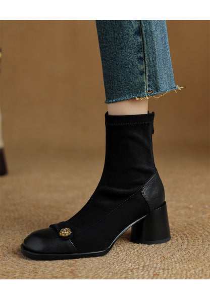 Patchwork Suede Camellia High Heel Chunky Heel Short Boots for Women Stretch Slim Boots Plus Size