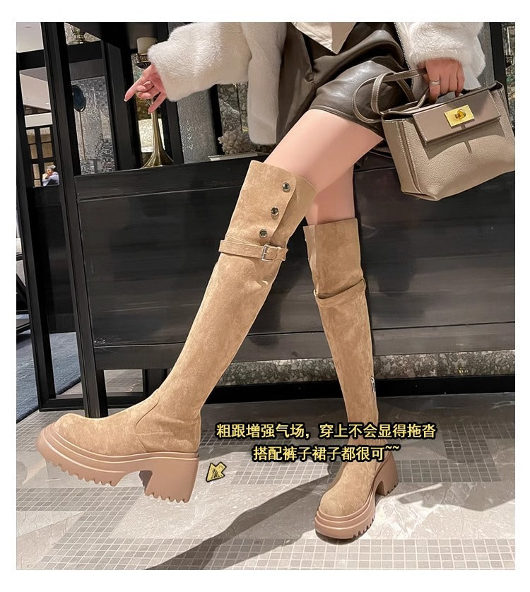 2025New Retro Small Western Boots for Women, Autumn and Winter Fleece-Lined Over-the-Knee Long Boots, Brown Long Boots, Riding Boots