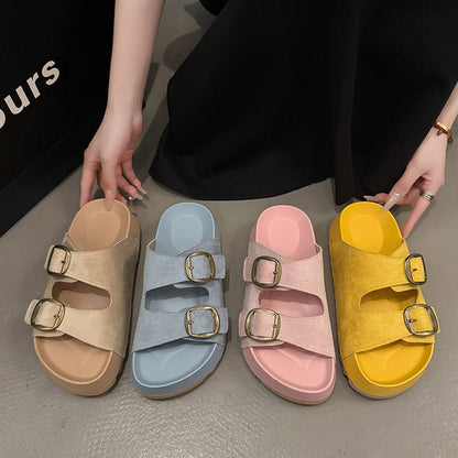 Solid Color Rubber Mid Heel(3-5cm)Platform Sole Suede Slippers