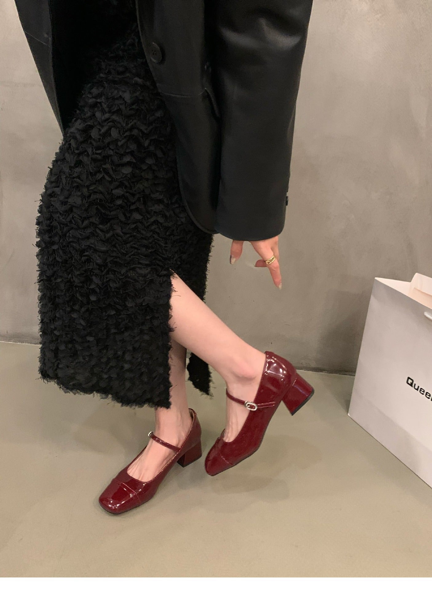 Women's Red Chunky Heel Shoes2023 New Summer Mid-High Heels silver Mary Jane Shoes for Dresses Evening Shoes