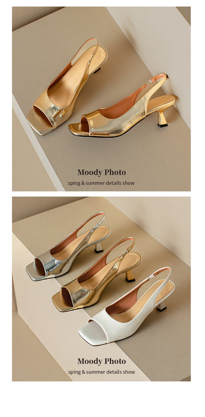 French Style Simple Open Back Peep Toe High Heels Elegant Slim Mid Heel Stiletto Sandals for Women Summer2024New
